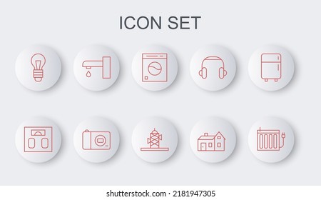 Set line Heating radiator, Bathroom scales, Washer, House, Light bulb, Water tap, Photo camera and Antenna icon. Vector