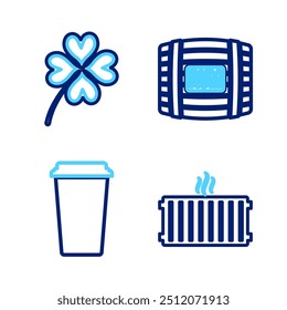 Set line Heating radiator, Coffee cup, Wooden barrel with rum and Four leaf clover icon. Vector
