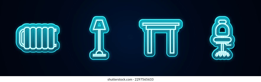 Set line Heating radiator, Floor lamp, Wooden table and Office chair. Glowing neon icon. Vector