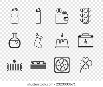 Set line Heating radiator, Four leaf clover, Wallet with coin, Stacks paper money cash, Sport bottle water, Christmas sock, Computer cooler and Car battery icon. Vector