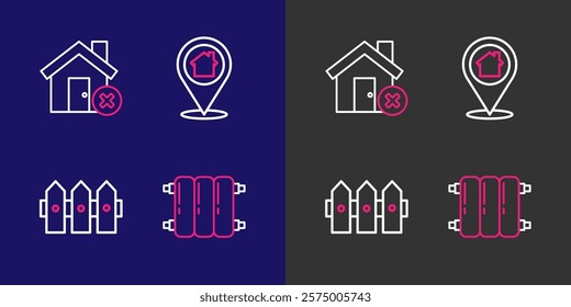 Set line Heating radiator, Garden fence wooden, Location with house and House wrong mark icon. Vector