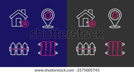 Set line Heating radiator, Garden fence wooden, Location with house and House wrong mark icon. Vector