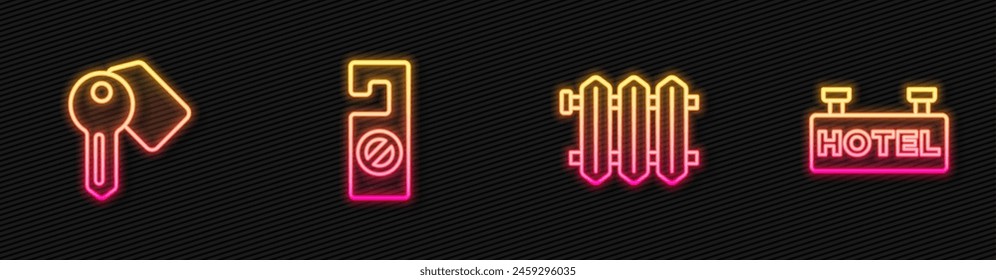 Set line Heating radiator, Hotel door lock key, Please not disturb and Signboard with text. Glowing neon icon. Vector