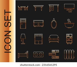 Set line Heating radiator, Library bookshelf, Washbasin with water tap, Office desk, Chest of drawers, Closed door, Wooden table chair and Mirror icon. Vector