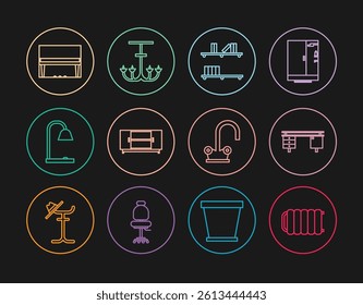 Set line Heating radiator, Office desk, Shelf with books, TV table stand, Table lamp, Grand piano, Water tap and Chandelier icon. Vector