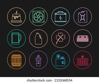 Fijar línea Radiador de calefacción, Pilas de papel dinero en efectivo, Batería de coche, Botella de productos químicos para el hogar, Vidrio de cerveza, crema de ropa, trébol de cuatro hojas e icono del refrigerador de la computadora. Vector