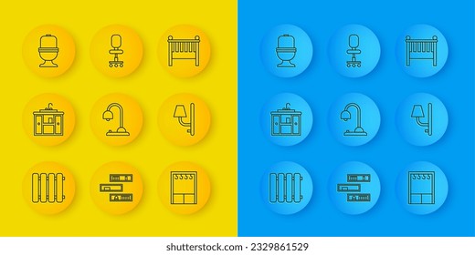 Set line Heating radiator, Washbasin cabinet with tap, Table lamp, Wardrobe, Wall sconce, Toilet bowl, Baby crib cradle bed and Office chair icon. Vector