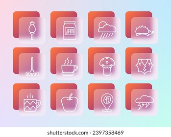 Set line Hedgehog, Apple, Mushroom, Location with leaf, Coffee cup, Cloud rain and sun, Opium poppy and Jam jar icon. Vector
