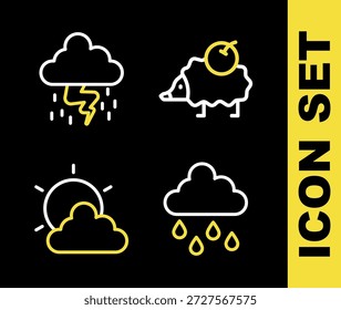 Set line Hedgehog, Cloud with rain, Sun and cloud weather and Storm icon. Vector