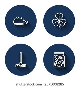 Set line Hedgehog, Clover, Garden rake and Pickled cucumbers in jar with long shadow. Blue circle button. Vector