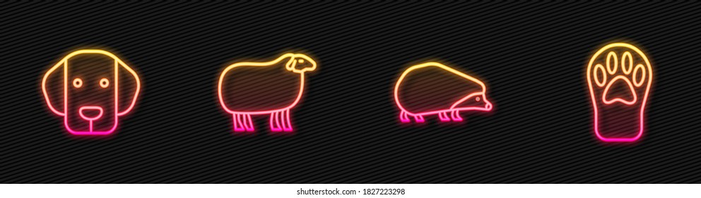 Set line Hedgehog, Dog, Sheep and Paw print. Glowing neon icon. Vector