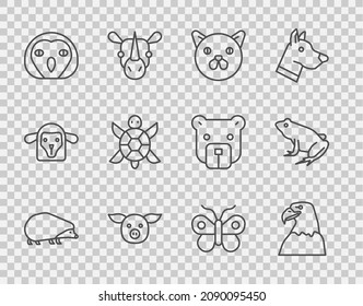 Set line Hedgehog, Eagle head, Cat, Pig, Owl bird, Turtle, Butterfly and Frog icon. Vector