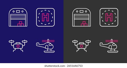 Set line Helicopter, Drone flying, landing pad and Aircraft hangar icon. Vector