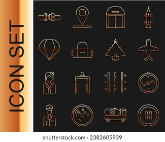 Set line Helicopter landing pad, Compass, Plane, Aircraft hangar, Suitcase, Parachute, Safety belt and Jet fighter icon. Vector