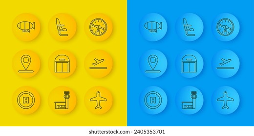 Set line Helicopter landing pad, Location, Aircraft hangar, Plane, takeoff, Airship, Compass and Airplane seat icon. Vector