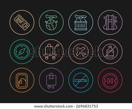Set line Helicopter landing pad, No alcohol, Plane, Trolley baggage, Compass, Airline ticket,  and Globe with flying plane icon. Vector