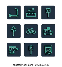 Set line Helicopter, Parking, Delivery cargo truck, Road traffic signpost, Bicycle, Scooter and TV News icon. Vector