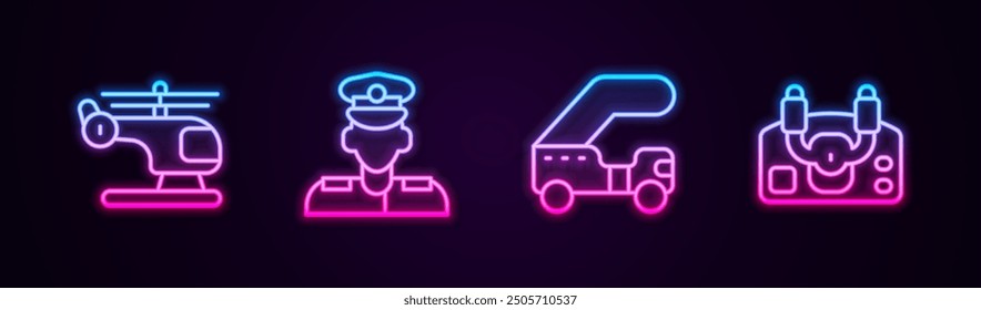 Set line Helicopter, Pilot, Passenger ladder and Aircraft steering helm. Glowing neon icon. Vector
