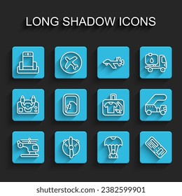 Set line Helicopter, Plane propeller, Metal detector in airport, Parachute, Airline ticket, Airplane window, Passenger ladder and Suitcase icon. Vector