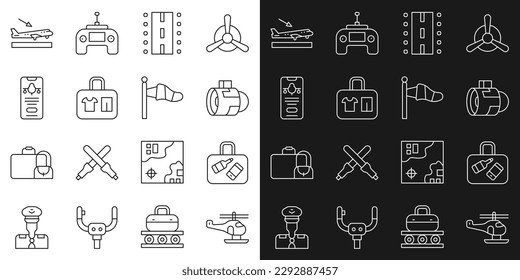 Set line Helicopter, Suitcase, Jet engine turbine, Airport runway, Mobile with ticket, Plane landing and Cone meteorology windsock icon. Vector