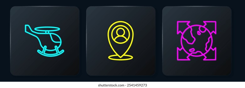 Set line Helicopter, World globe with compass and Location person. Black square button. Vector