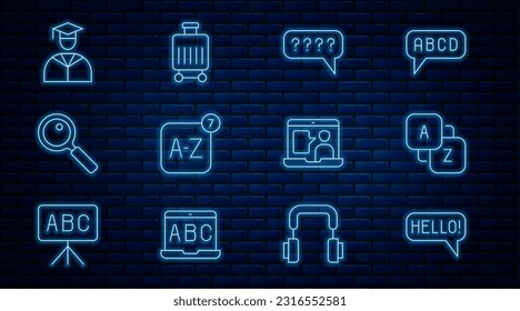 Set line Hello in different languages, Vocabulary, Speech bubbles with Question, Online translator, Magnifying glass, Graduate and graduation cap, Foreign online study and Suitcase icon. Vector