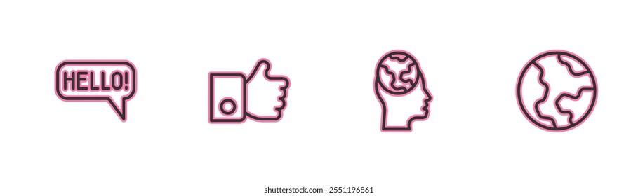 Set line Hello in different languages, Learning foreign, Hand like and Earth globe icon. Vector