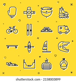Set line Helmet and action camera, Motocross motorcycle helmet, Ambulance emergency car, Speedboat, Ski sticks, Bicycle, Boxing glove and Formula 1 racing icon. Vector