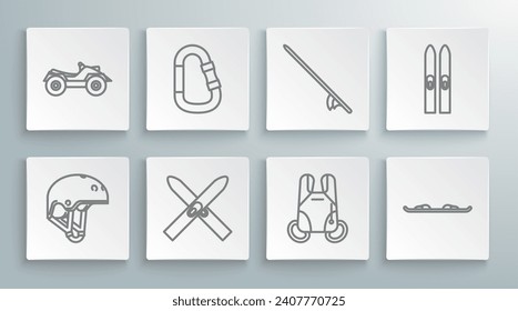 Set line Helmet, Carabiner, Ski and sticks, Parachute, Snowboard, Surfboard,  and All Terrain Vehicle or ATV motorcycle icon. Vector