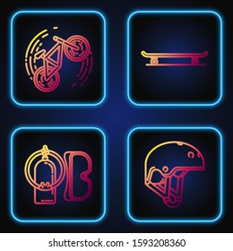 Set line Helmet, Diving mask and aqualung, Bicycle trick and Skateboard. Gradient color icons. Vector