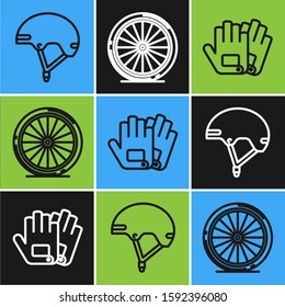 Set line Helmet, Gloves and Bicycle wheel icon. Vector