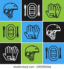 Set line Helmet, Gloves and Rafting boat icon. Vector