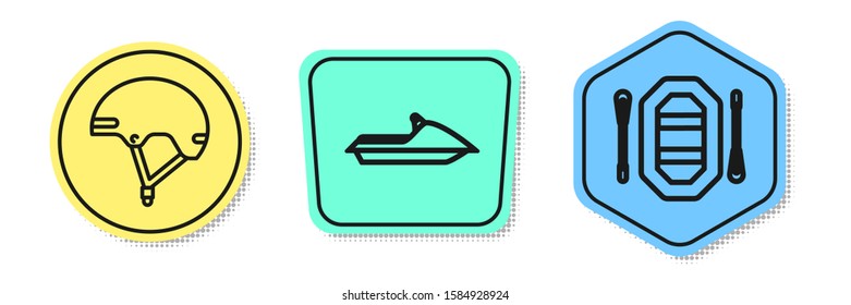 Set line Helmet, Jet ski and Rafting boat. Colored shapes. Vector