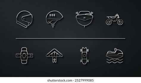 Set line Capacete, Joelheiras, Bicicleta de montanha, Longboard ou skate, Hang planador, Capacete de bicicleta, Jet ski e ícone de lancha. Vetor