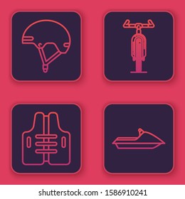 Set line Helmet, Life jacket, Bicycle and Jet ski. Blue square button. Vector