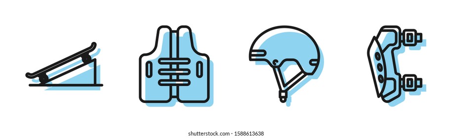 Set line Helmet, Skateboard on street ramp, Life jacket and Knee pads icon. Vector