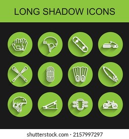 Set line Helmet, Skateboard on street ramp, Gloves, Knee pads, Bicycle, Climber rope, Surfboard and Rubber flippers for swimming icon. Vector