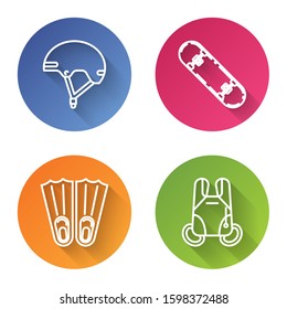 Set line Helmet, Skateboard trick, Rubber flippers for swimming and Parachute. Color circle button. Vector