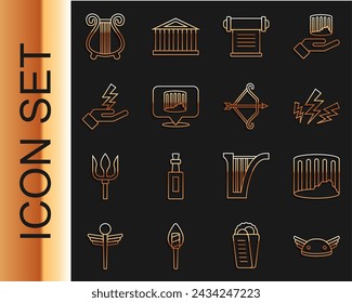 Set line Helmet with wings, Ancient column, Zeus, Decree, parchment, scroll, lyre and Medieval bow arrow icon. Vector