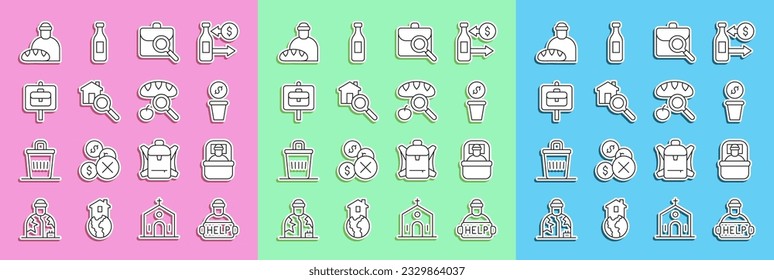 Set line Help homeless, Sleeping bag, Donation money, Work search, Search house, Feeding the and Searching for food icon. Vector