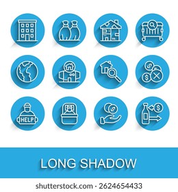 Set line Help homeless, Sleeping bag, Multi storey building, Donation hand with money, Reception of glass bottles, Homeless cardboard house, No and Search icon. Vector