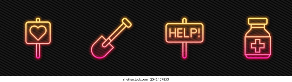 Set-line-Hilfe-Zeichen, Lage mit Herz, Schaufel und Medizin Flasche und Tabletten. Leuchtendes Neonsymbol. Vektorgrafik