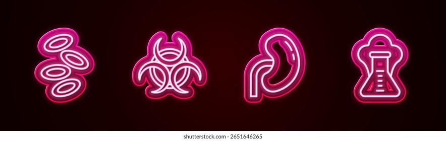 Set line Hemoglobin, Biohazard symbol, Human kidney and Chemical explosion. Glowing neon icon. Vector