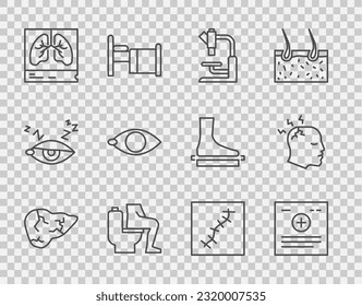 Set line Hepatitis virus, Clinical record, Microscope, Constipation, Lungs x-ray, Blindness, Scar with suture and Man having headache icon. Vector