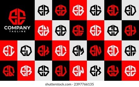 Set of line heptagon abstract letter E EE logo design
