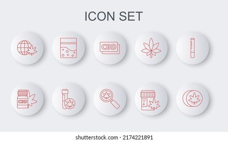 Set line Herbal Ecstasy Tabletten, Medizinische Flasche mit Marihuana, Cannabis Molekül, Legalize globe, Plastikbeutel mit Cannabis, Chemische Teströhre und Magnifizierglas und Icon. Vektorgrafik