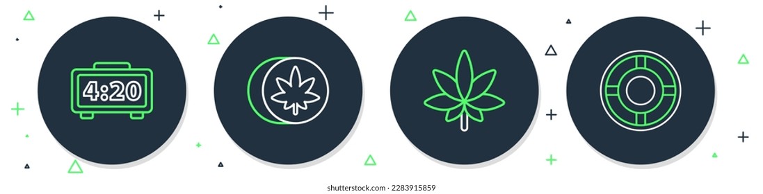 Set line Herbal ecstasy tablets, Marijuana or cannabis leaf, Digital alarm clock and Ashtray icon. Vector
