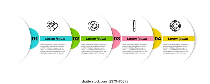 Set line Herbal Ecstasy Tabletten, Marijuana Gelenk und Ashtray. Infografik-Vorlage für Unternehmen. Vektorgrafik