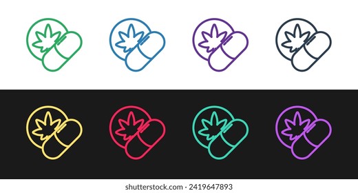 Set-Zeile Herbal Ecstasy Tabletten Symbol einzeln auf schwarz-weißem Hintergrund.  Vektorgrafik