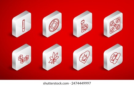 Set line Herbal ecstasy tablets, Ashtray, Chemical test tube with marijuana, Medical pills, Marijuana leaf in heart, joint, or cannabis and Cannabis molecule icon. Vector